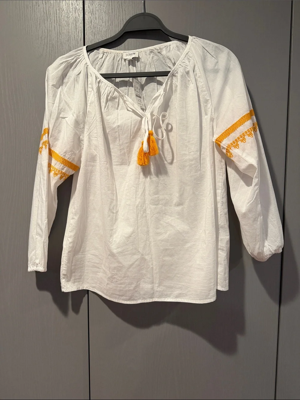 J Crew White Boho Peasant Blouse with Yellow Tassels NWT